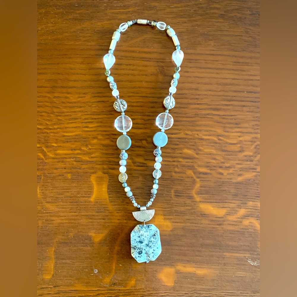 Women’s Handmade Resin Beaded Necklace with Artistic Soapstone Pendant